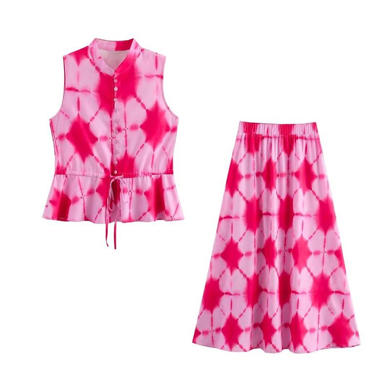 

Жилет с принтом тай-дай, юбки, костюмы, женские, розовые, без рукавов, однобортные, майка, высокая талия, юбка А-силуэта, летний наряд L