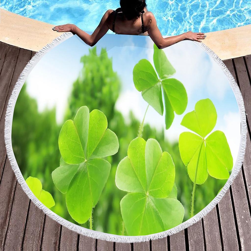 Lucky Clover Round Beach Towels,Soft Lightweight Sand Free Happy St. Patrick's Day Beach Blanket,Spring Botanical Leaves Towel