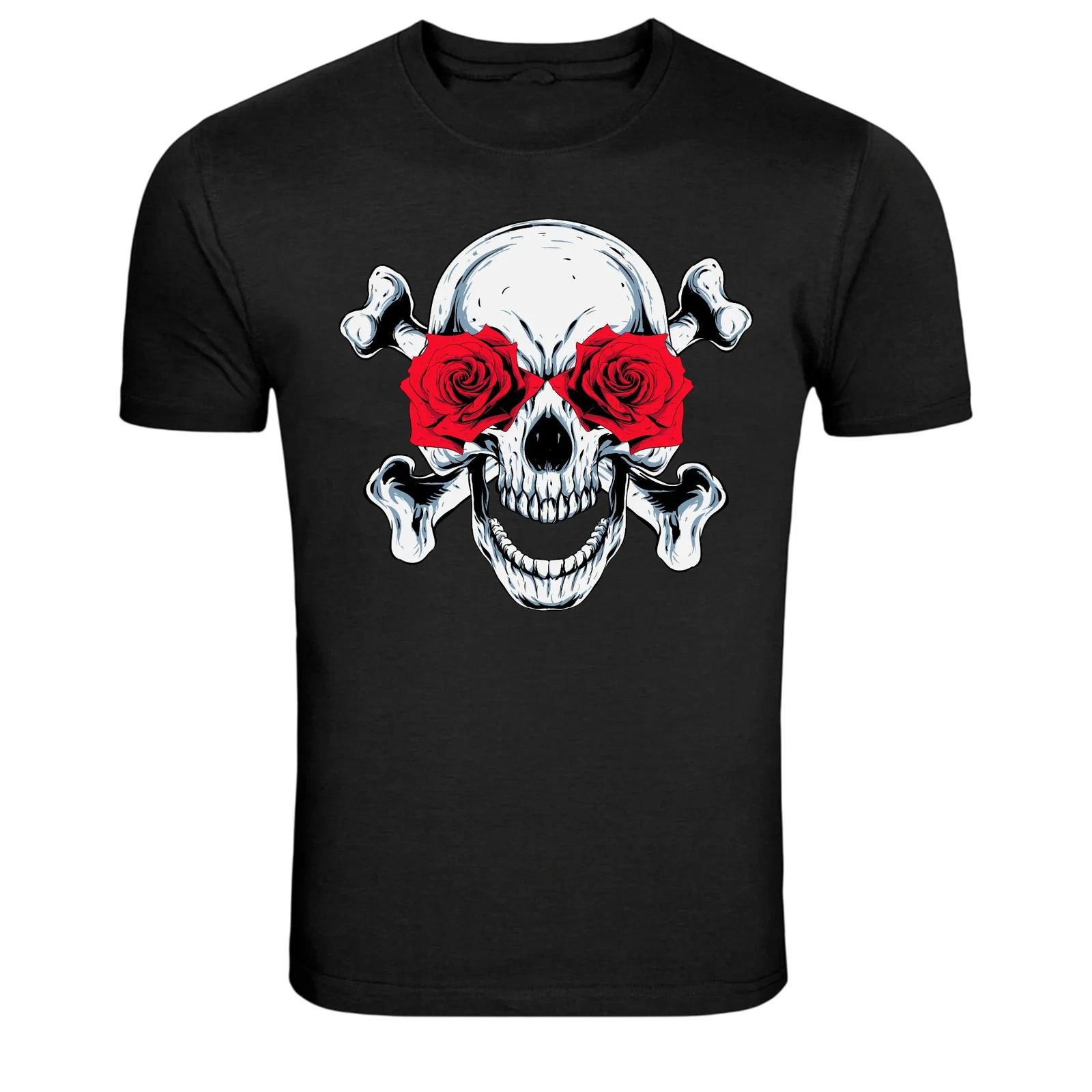 Skull With Roses Eyes Graphic T-Shirt Gothic Skeleton Punk Style Tee 4XL