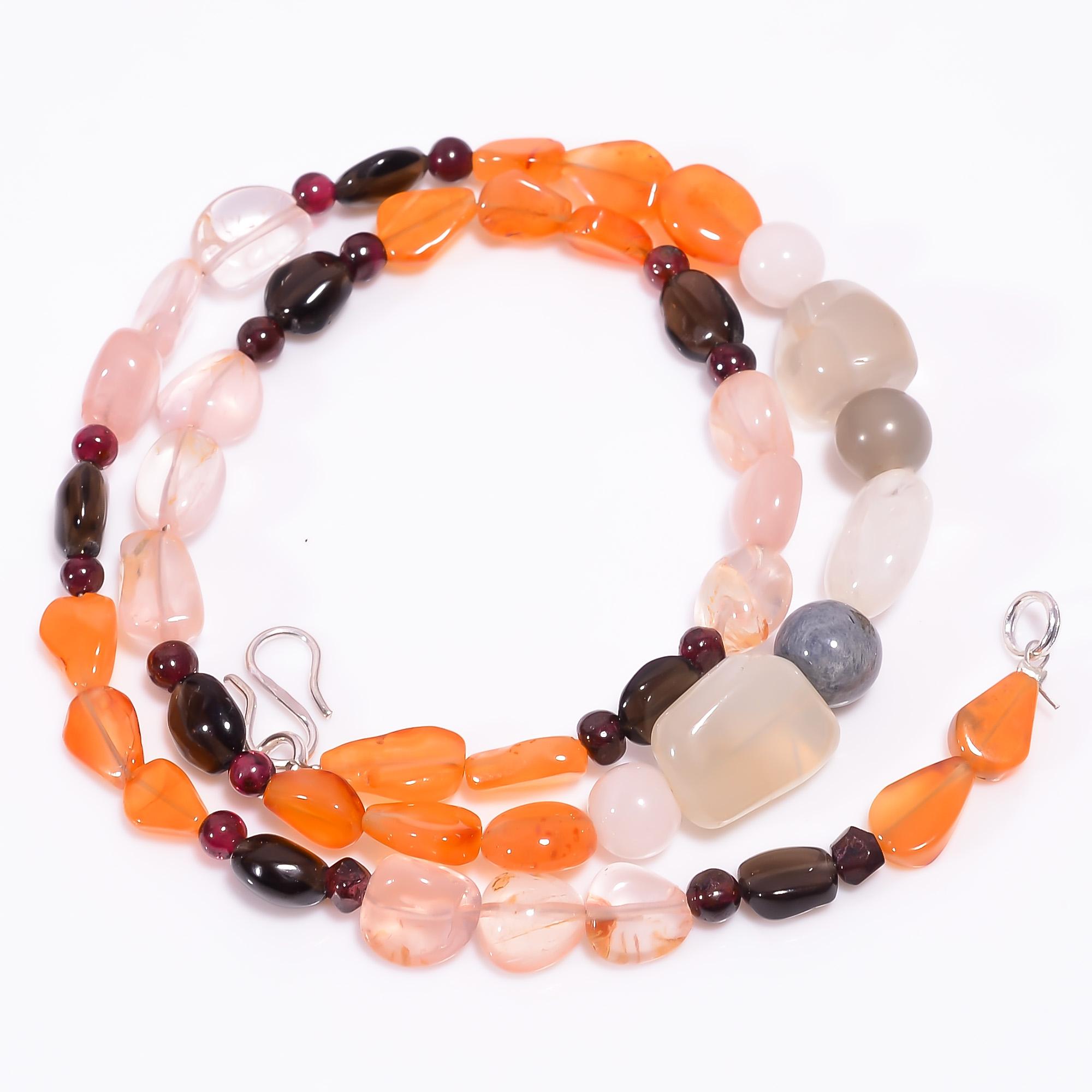 

NaturalSmoky & Rose Quartz Carnelian Moonstone Beads Necklace 4-13 mm 18 UB8188 UB-8188