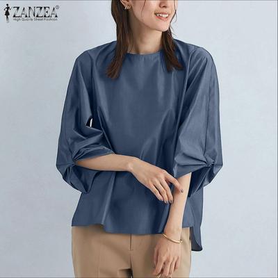 Women Casual Round Neck Solid Color 3/4 Sleeve Blouse
