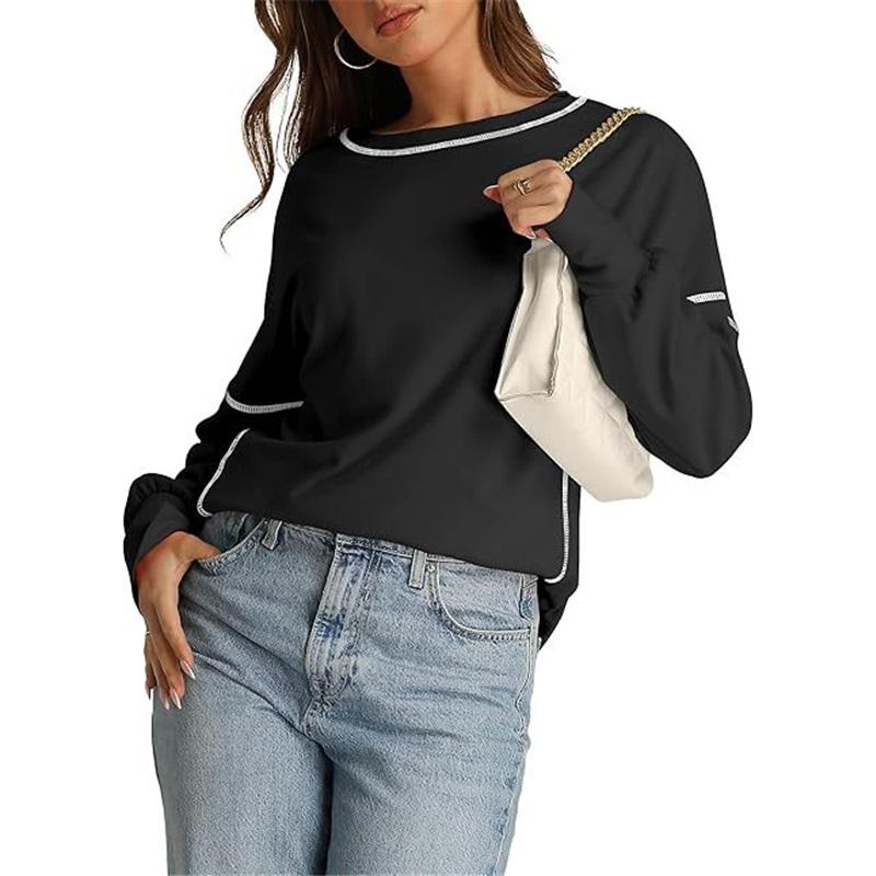 Europäischer und amerikanischer Stil Damen Lässiger lockerer Pullover Neuer lockerer Rundhals Farbblock Langarm-Oberteil
