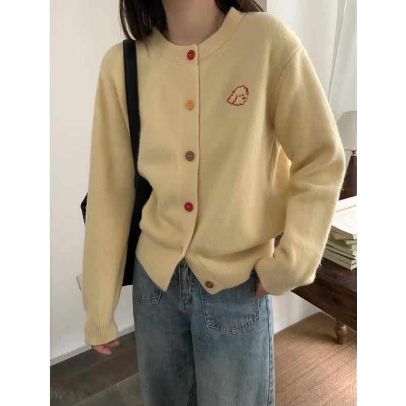 Gentle retro age-reducing puppy embroidered colorful buckle crew neck knitted cardigan women's spring and autumn small sweater jacket