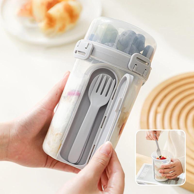 600ML Salad Oatmeal Cup Breakfast Double Cup Cereal Nut Yogurt Container Set With Dressing Holder Fork Meal Preparation
