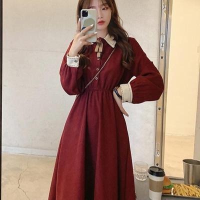 Dámské francouzské Vintage sladké šaty s dlouhým rukávem Collect pasu Big Swing Dress