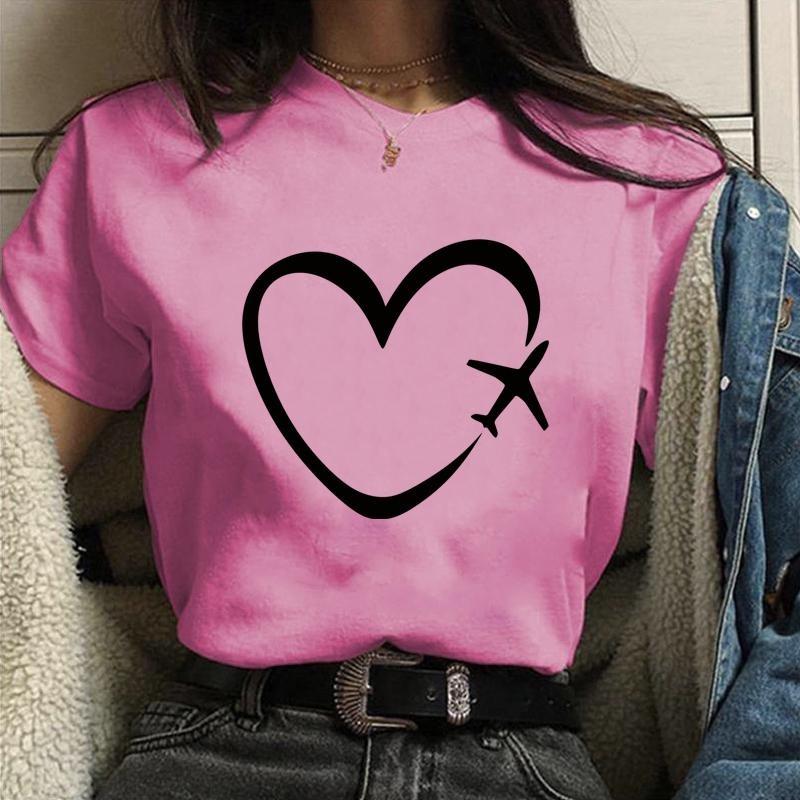 Personalized Creative Airplane Heart Pattern Printed T-Shirt Women's Fashion Shirt Casual Outdoor Women's Round Neck Short Sleev