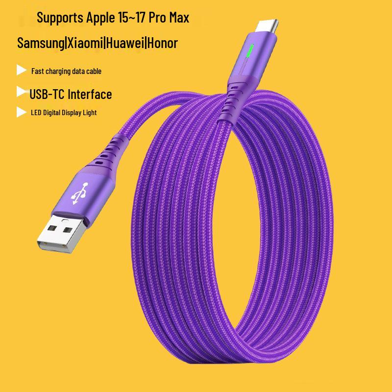 240W Dual USB-C Fast Charging Cable with LED Light for Apple, Android, Huawei Devices.