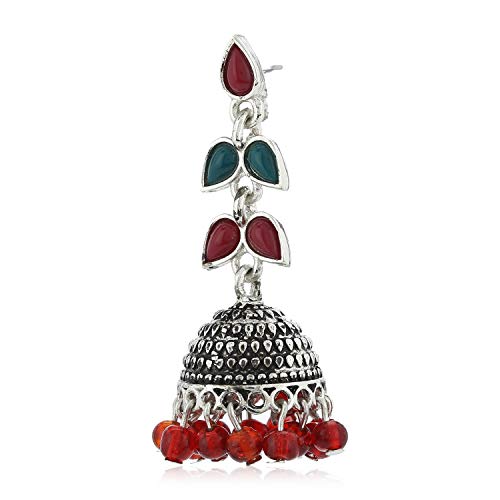 Estele Rhodium Plated Oxidised Gorgeous Jhumka Earrings with Red & Green Enamel for Women