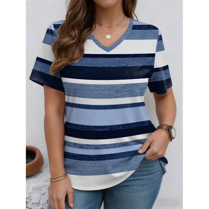 V-Neck Short Sleeve T-Shirt With Blue White Striped Print Loose Fit Casual Top Women 2025