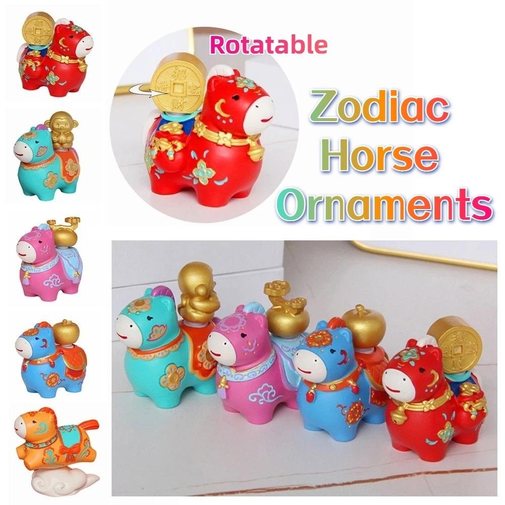 Cartoon Zodiac Horse Ornaments Handcrafted Rotatable Resin Cartoon Horse Statue Year of The Horse Horse Mascot