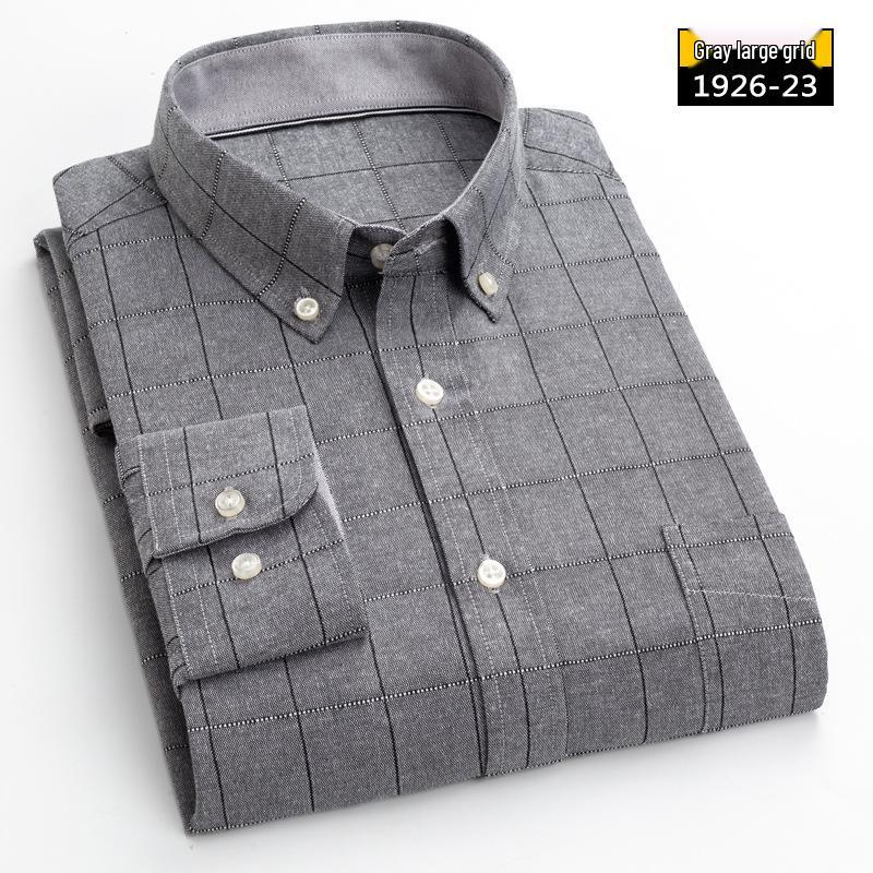 Men's Long Sleeve Washed Cotton Oxford Shirt - Slim Fit, Plaid, Iron-Free Stripes, Casual Style
