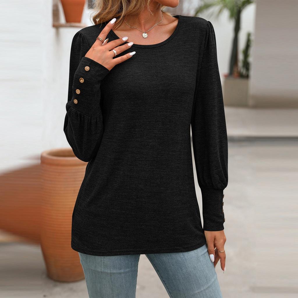 Women's Fashion Color Bubble Sleeve Round Neck Button Long Sleeved Shirt T-shirt Top