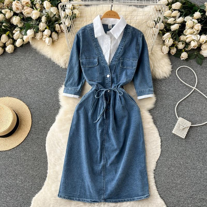 Yaz Mizaç Yaka Ekleme Denim Vintage Elbiseler