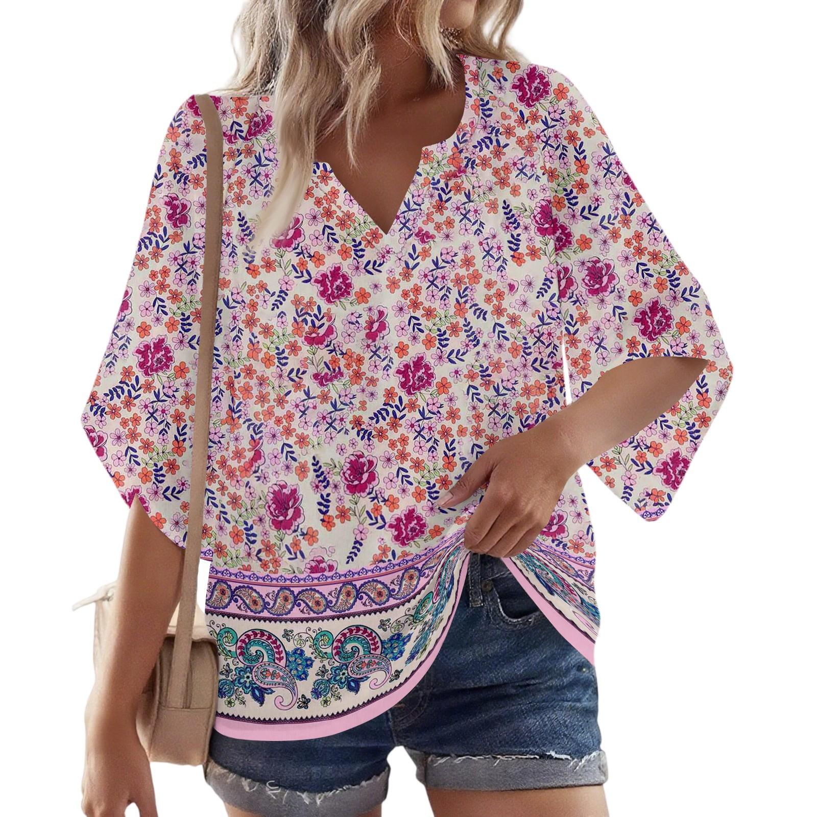 

Women s 3/4 Sleeve V Floral Shirt Casual Loose Tunic Top M рожевий