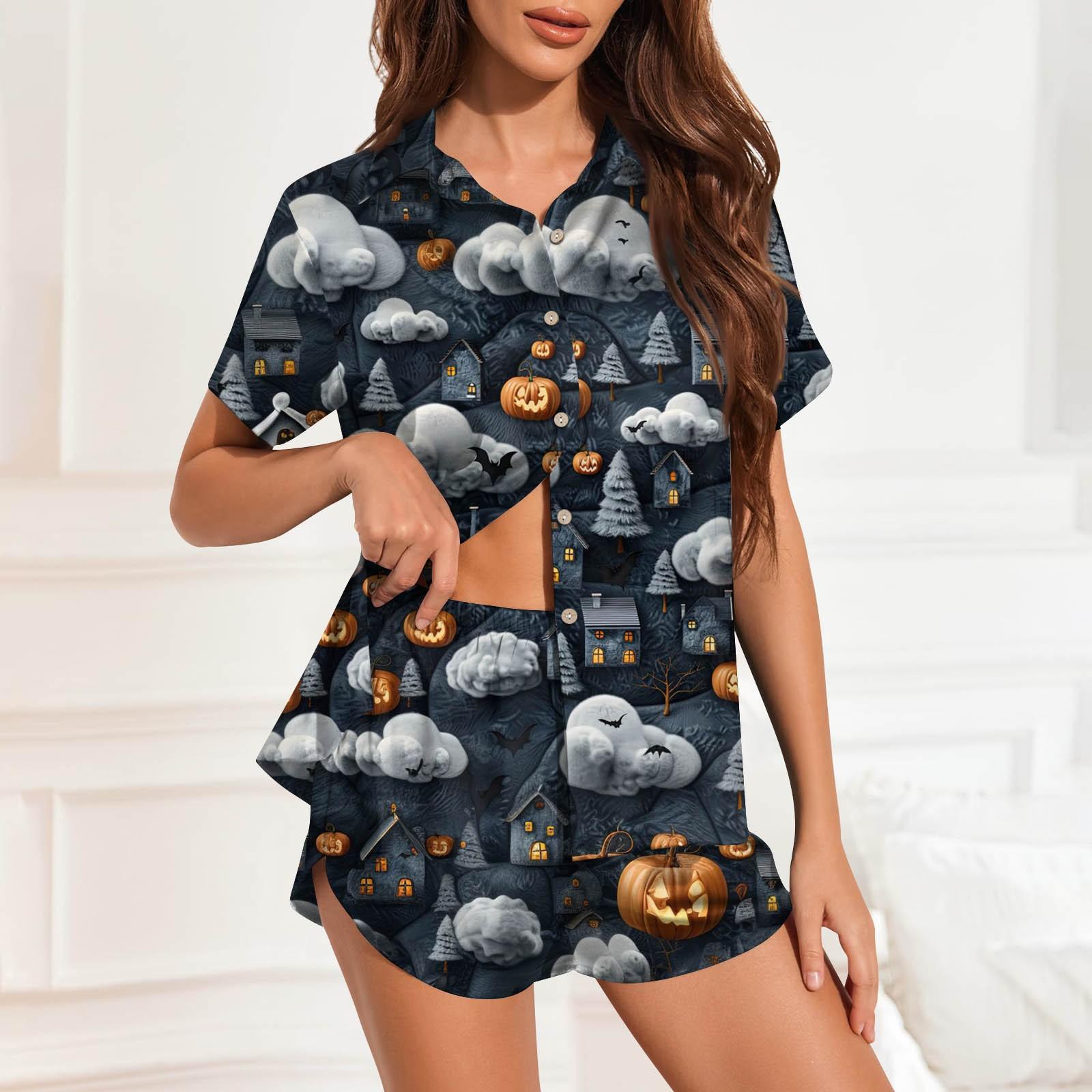 

Женская пижама из шелка Ice Silk с пуговицами, домашняя одежда, атласный пижамный комплект с короткими рукавами и принтом на Хэллоуин S