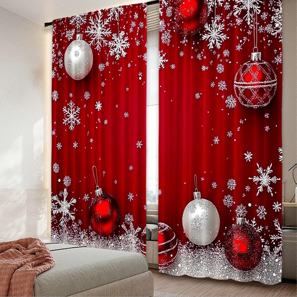 

Flat Printing Christmas Hot Curtains Snowflakes Red Balls Digital Printed Polyester Drapes Birthday Party Curtain Set Of 2 Made Washable W100*H70(CM)-Rod Pocket&1PCS