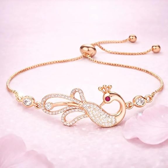 Rose Gold & Silver Plated American Diamond Adjustable Peacock Bracelet, Stylish Fashion Jewellery Gift fo Women