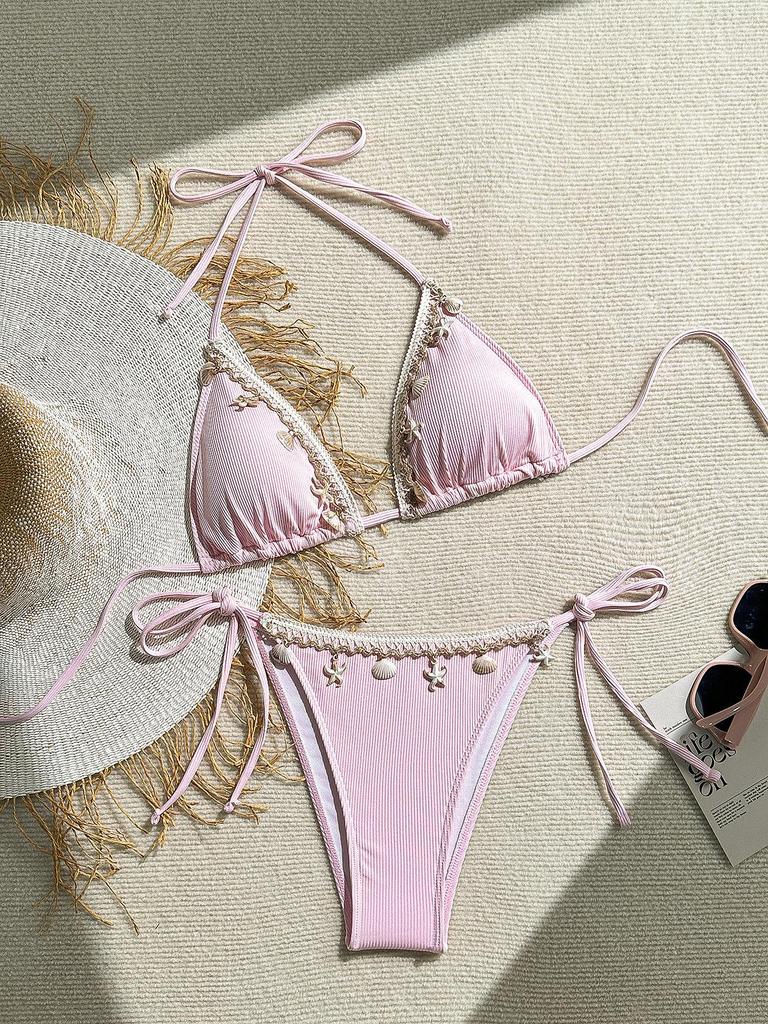 Women's Swimsuit Solid Halter Side Tie Bikini Suit Beachwear Bathing Suits with Shell