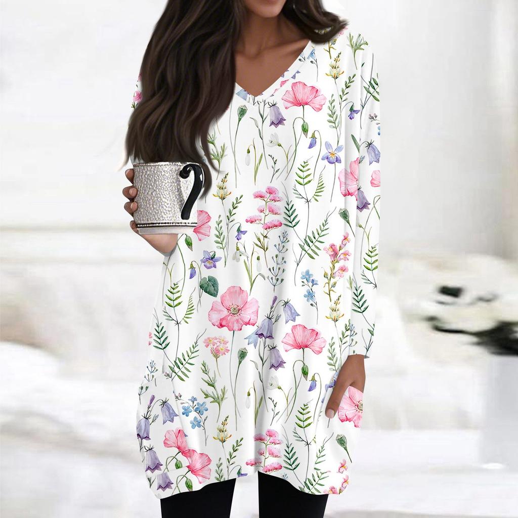 Damen Oberteile V-Ausschnitt Langarm Blusen Lässige Mittellange Hemden Mode Druck Tunika Oberteile Mit Taschen