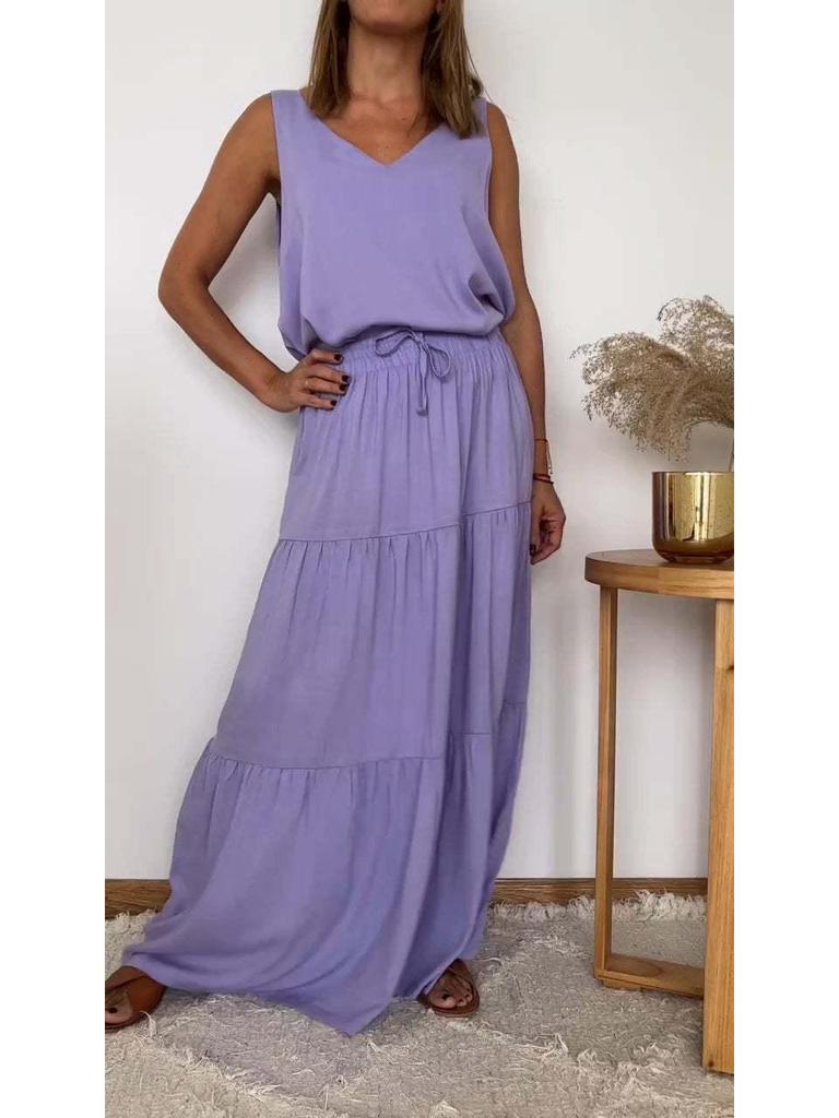 2024 Spring/Summer Women's Solid Color V-Neck Sleeveless Top and Skirt Set