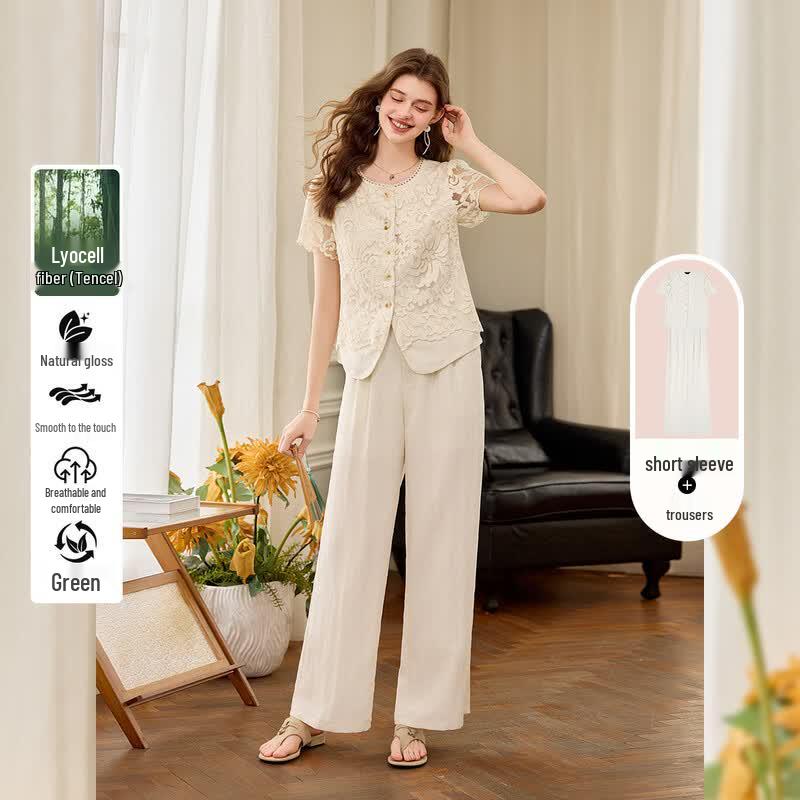 Women s Tencel Blend Lace-Trim Two-Piece Set M