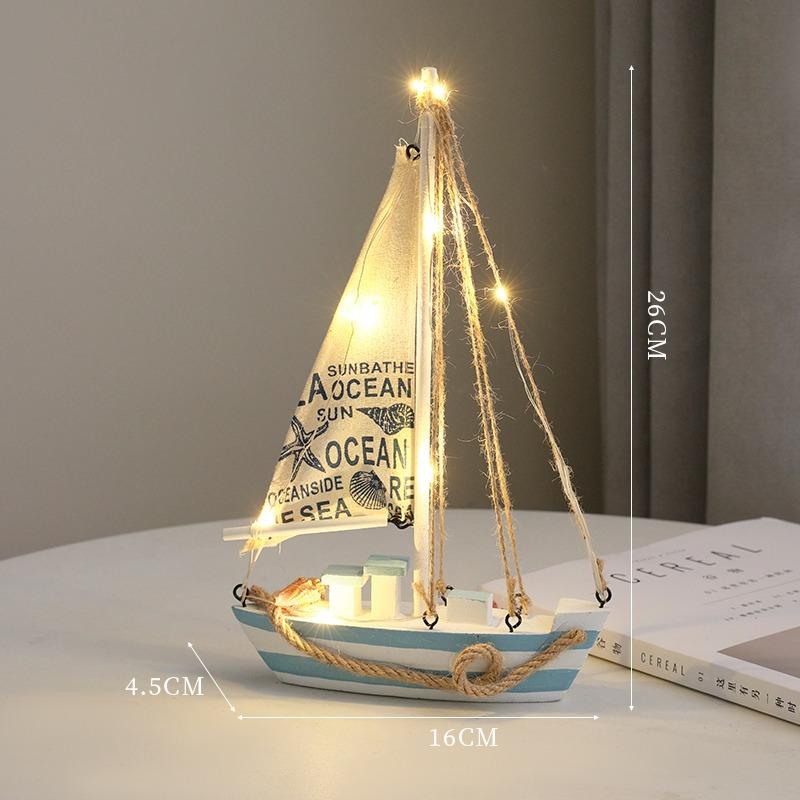 LED Wooden Sailboat Model, Nautical Mediterranean Style Home Decor, Coastal Sea Theme Tabletop Boat Ornament, Sailing Ship Gift