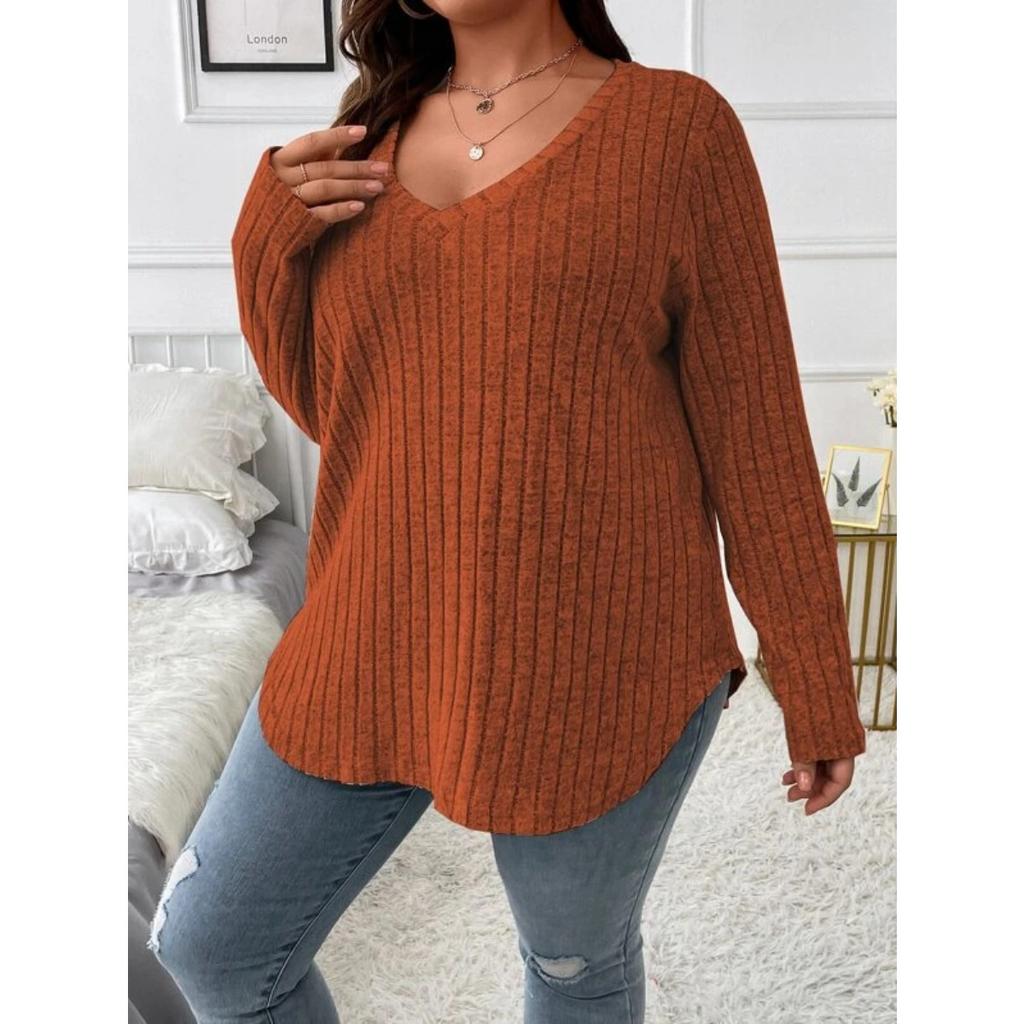 Top informal de punto acanalado vertical de manga larga con cuello en V para mujer, holgado, talla grande