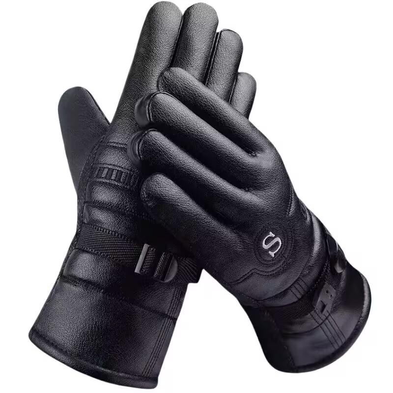 Thick Warm Winter PU Leather Gloves With Fleece Lining Anti-Slip Outdoor Cycling Men Full-Finger Design