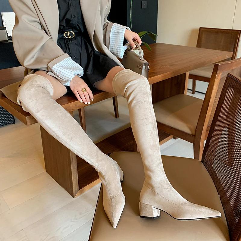 Sexy Woman Over The Knee Boots Lady Slim Elastic Long Thigh High Boots Pointed Toe Kid Suede Ladies  De Mujer 33-43