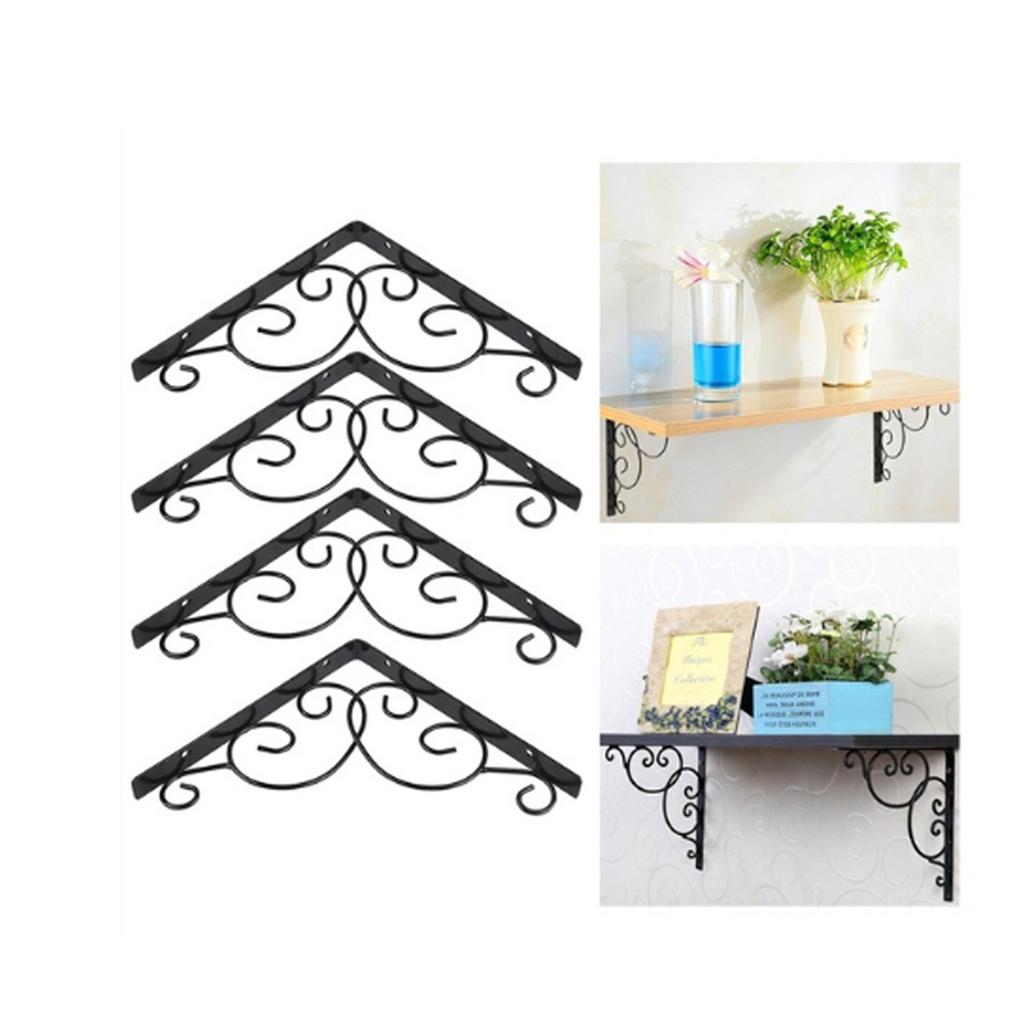 2Pcs Iron Shelf Brackets Floral Pattern Wall Mounted Triangular Support Brackets Vintage Decorative Heavy Duty for Home Black