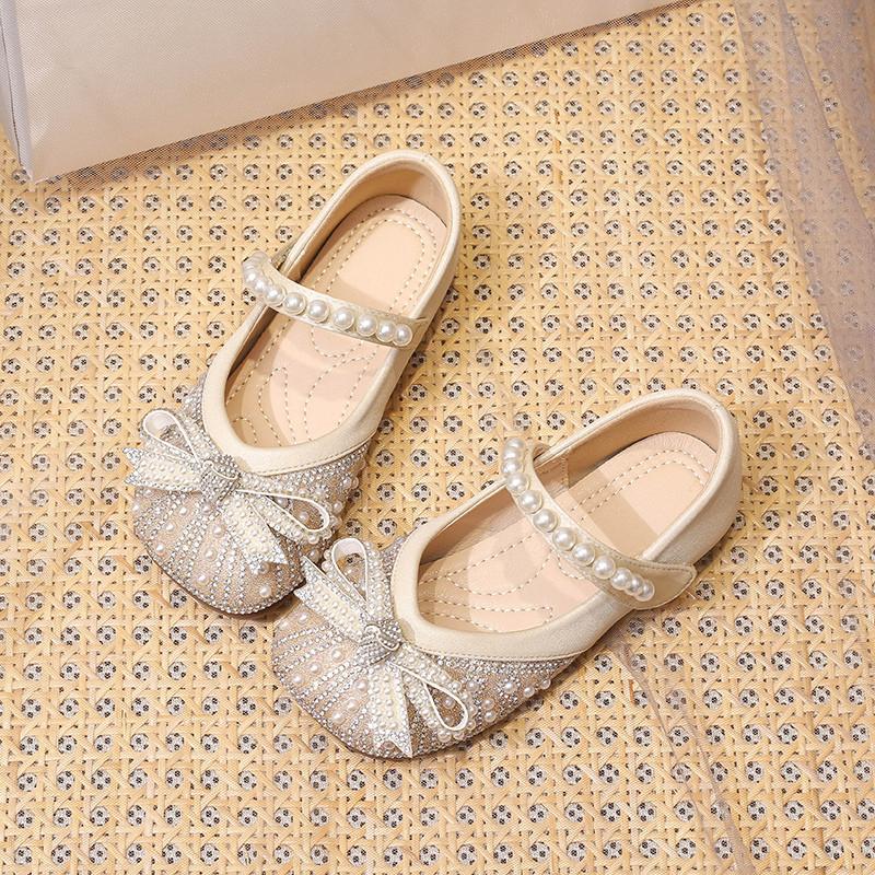 Small leather shoes children's season children's pearl bow children's soft sole baby crystal princess single shoes
