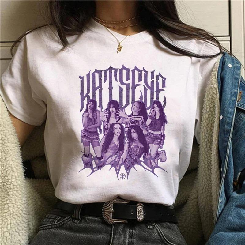 Womens Katseye Print Casual T Shirt Gothic Y2k Tshirt Women Korean Style Graphic Tee Tops Crew Neck Short Sleeve Tshirt Clothes