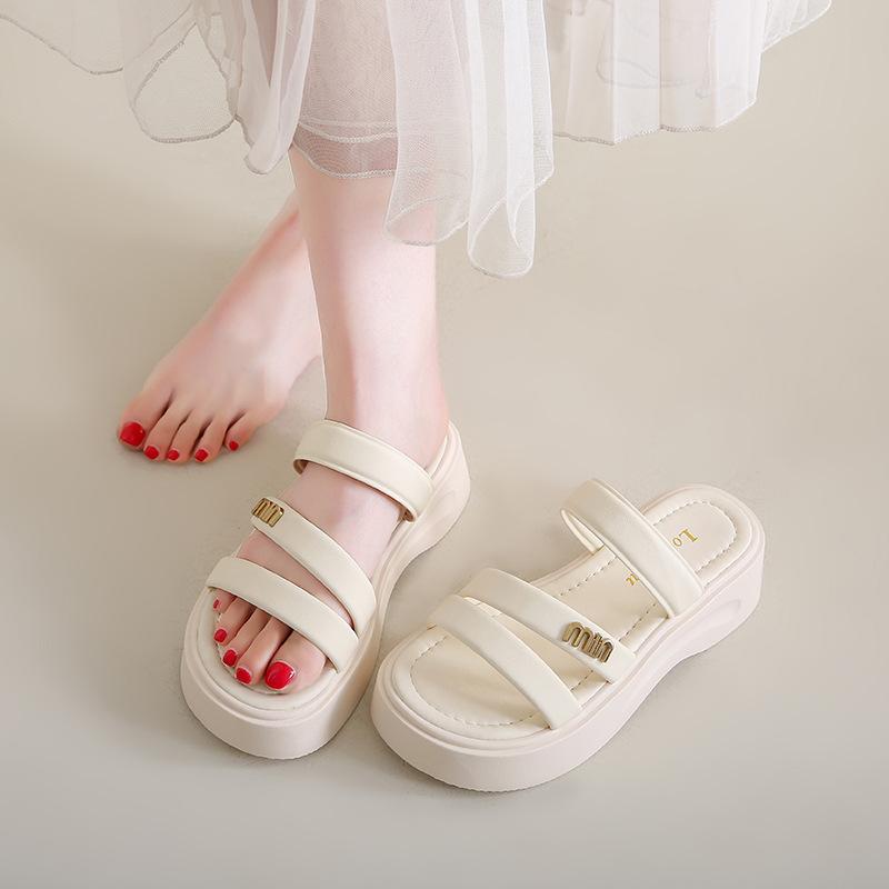 Slippers Women's Summer Outer Wear 2025 New Thick-soled One-word Drag Fashion Trendy Wear Two Wear Beach Women's Shoes Large Size Cool Slippers