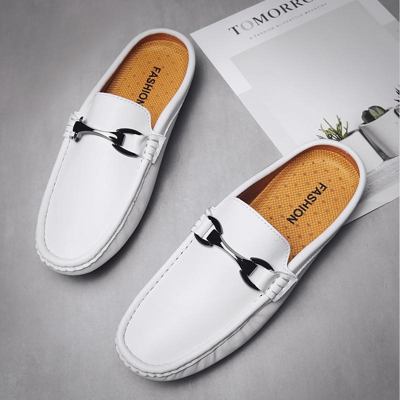 Fashion Breathable Mens Half Slippers Genuine Leathe Muller Shoes Loafers Handmade Male Comfy Flats Lazy Shoes Outdoor Soft Casual Shoes