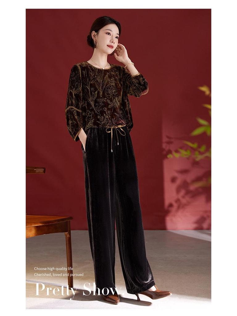 Women's High-End Silk Velvet Wide-Leg Pants - 2025 Autumn/Winter Collection, Loose Fit, Long, Casual, Perfect for Middle-Aged Moms