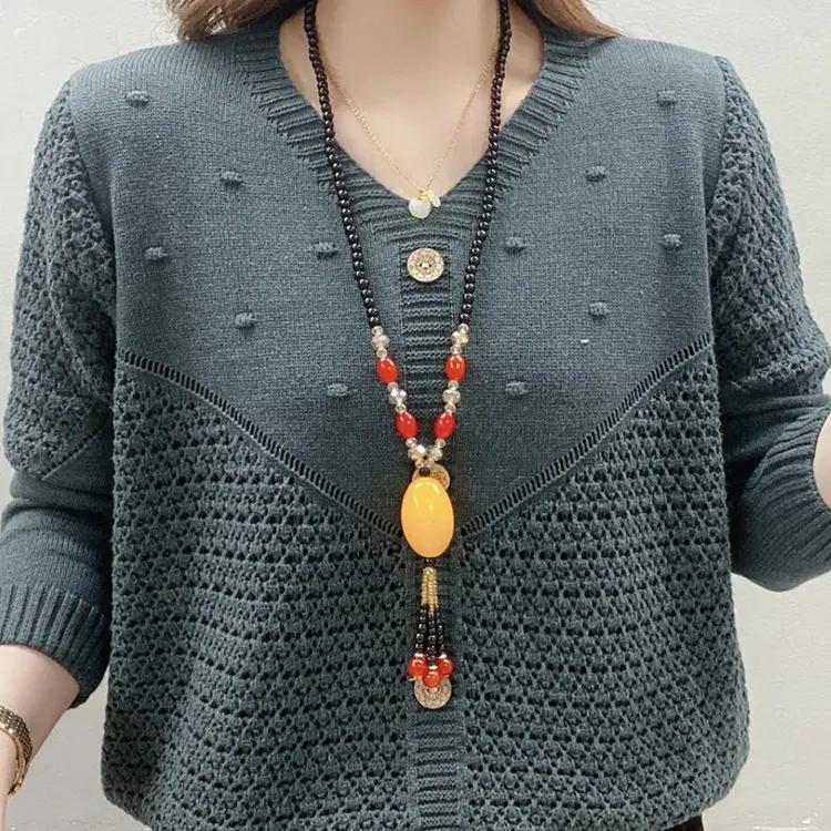 Women's Spring and Autumn Loose Covered Meat Hollowed Out Knit Sweater Mother's Casual Outside Sweater