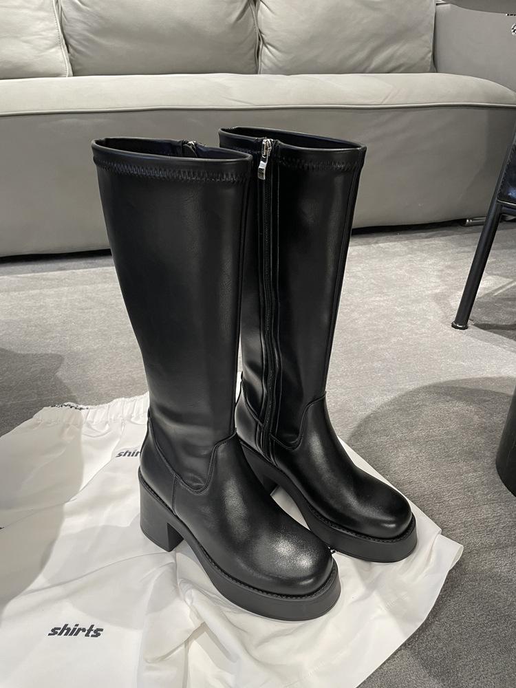 Leather Thick Heel Thin Small Tall Knight Boots Women's High Heels Increase But Knee Boots Children