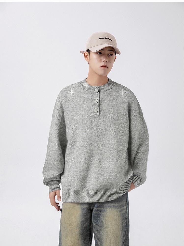 Men's Autumn/Winter Henry Collar Embroidered Sweater - Classic, Loose Knitwear with a High-End Feel