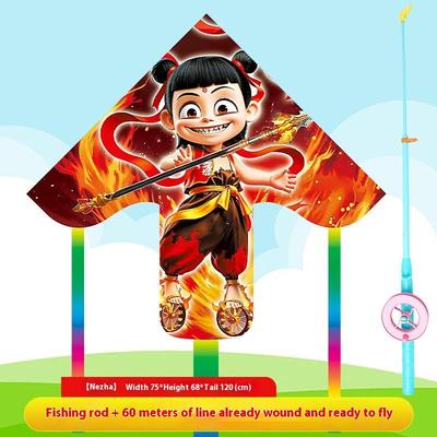 1 Set Cartoon Nezha Foldable Mini Plastic Kites Hand Brake Fishing Rod Children Kite Toy Kids Fun Outdoor Toys