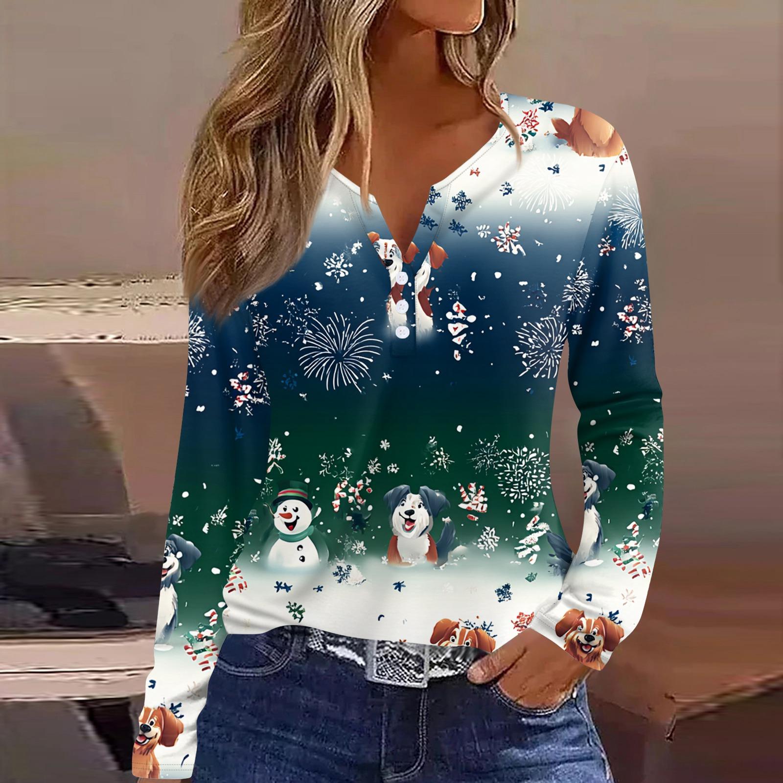 

Женская футболка Футболка Рождественский принт Пуговица Длинный рукав Туника Повседневная Мода для выходных Базовая С V-образным вырезом Обычный топ M