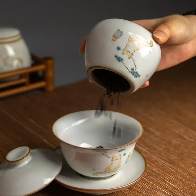 Retro Ru Kiln Ceramics Tea Caddy Cute Cat Pattern Portable Sealed Tea Leaf Containers Travel Tea Bag Storage Box Spice Organizer