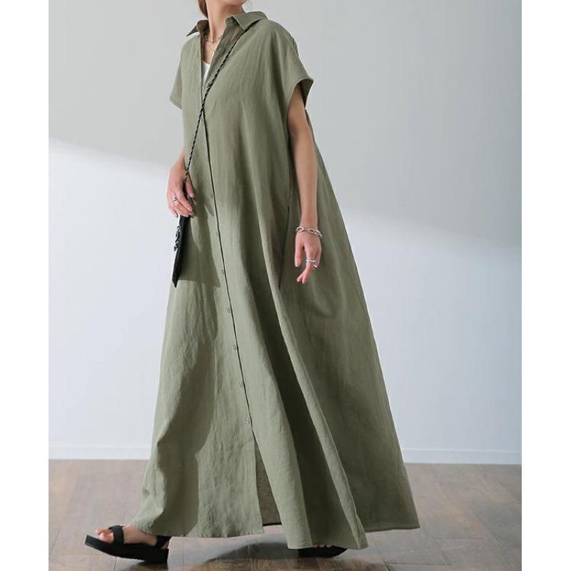 Women's Loose Fitting Pullover Short Sleeved Cotton and Linen Dress