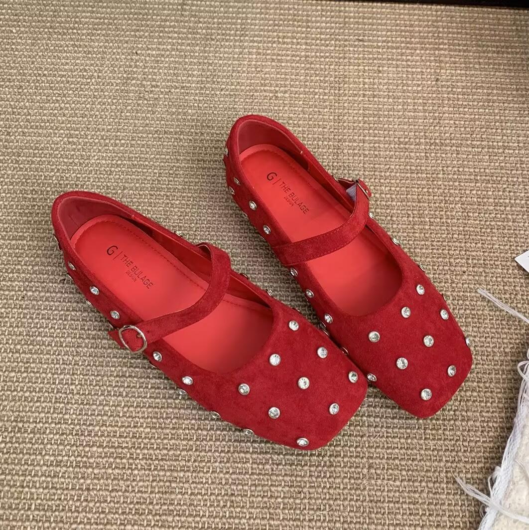 

Весенние балетки Женские лоферы Туфли с квадратным носком Хрустальные туфли для платья Повседневные женские спортивные сандалии 2025 Новый бренд Лолита Мухер Сапатос 37 красный