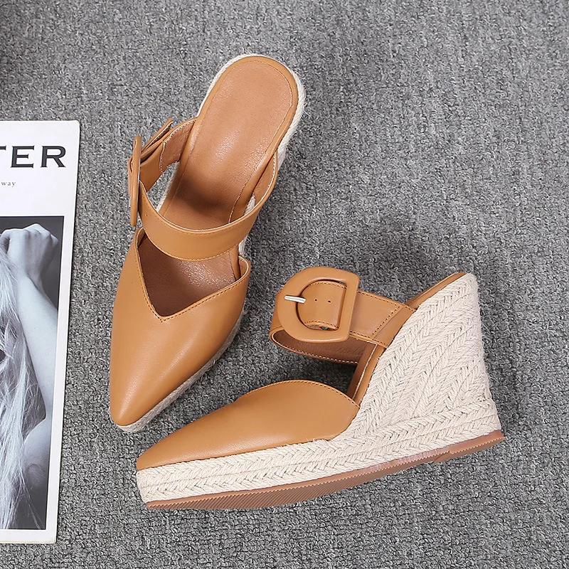 2025 Summer Shoes Women Platform High Heels Sandals Brand Ladies Wedges Sandals Pointed Toe Black Pink Yellow Big Size 42 A43540