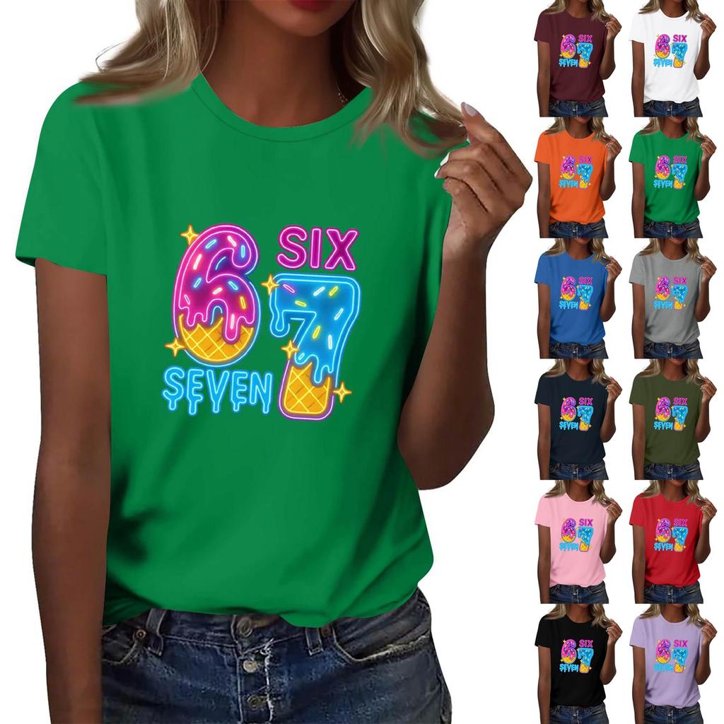 Women's Fashionable Casual Short Sleeved Printed T-Shirt Round Neck Top