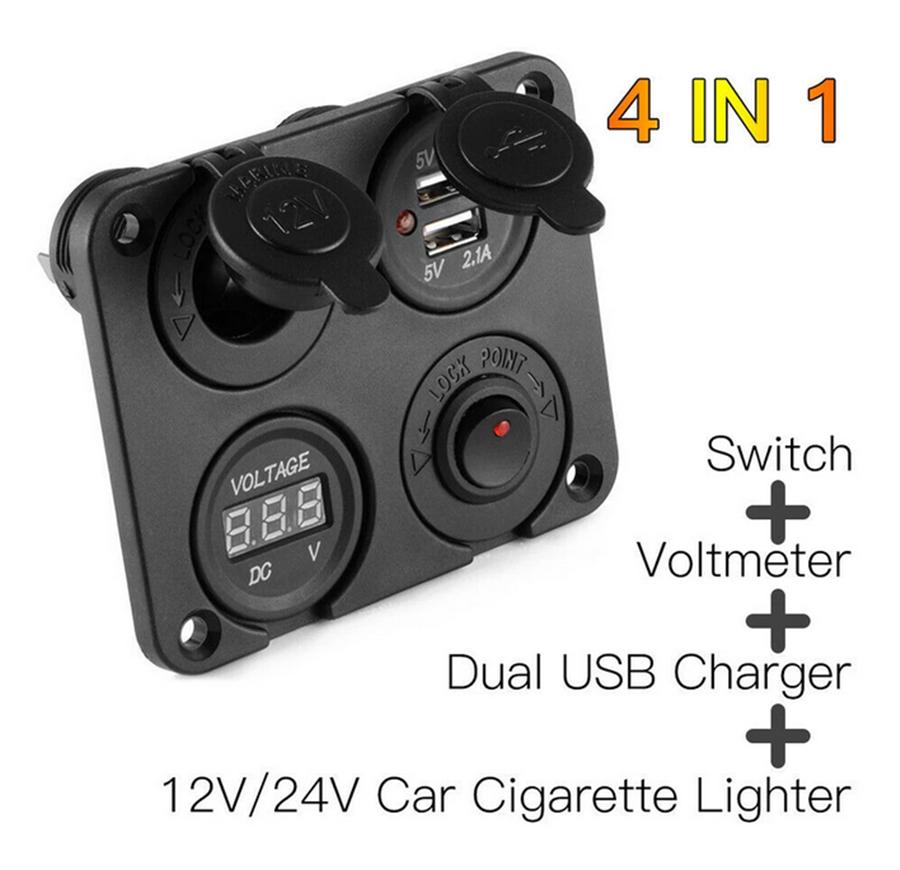 12V-24V Car Boat Dual USB Charger Switch Voltmeter Cigarette Lighter Sockets Kit