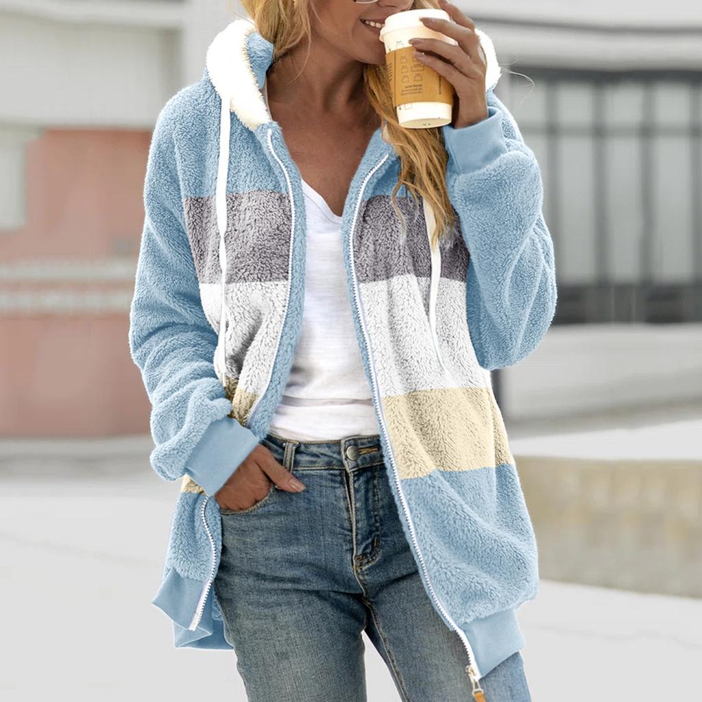Women Color Block Fuzzy Fleece Hooded Jacket Full Zip Long Sleeve Plush Coat Casual Warm Outerwear S-5XL
