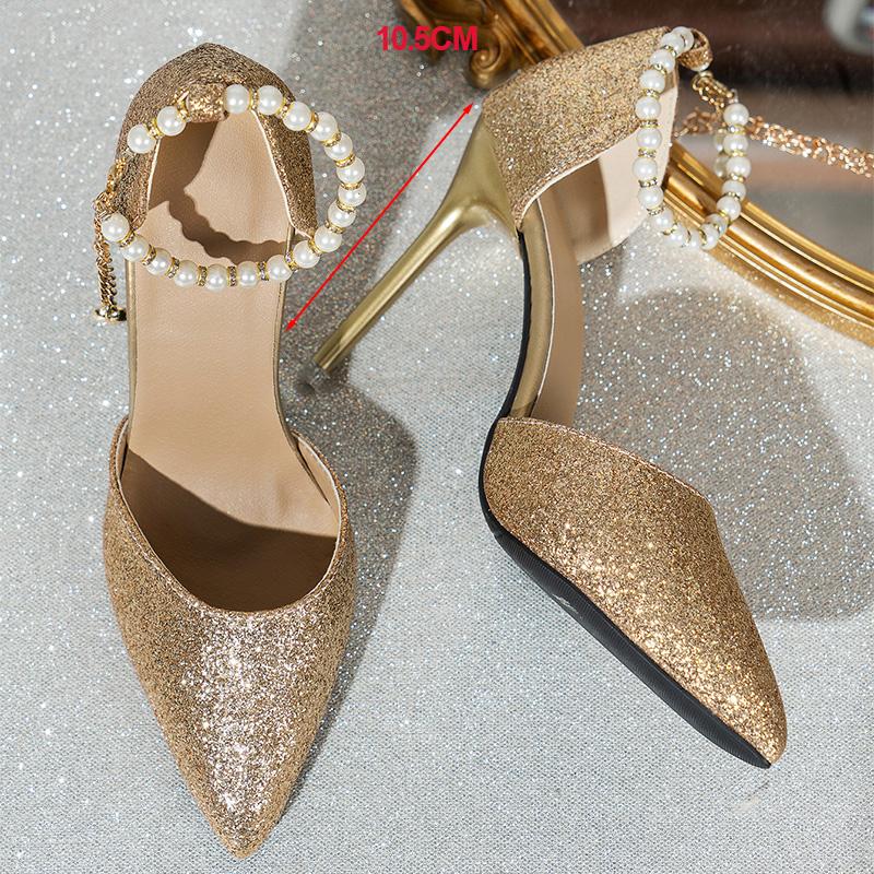 Gold Silver High Heels Sandals for Women Shiny Pu Leather Pointed Toe Party Shoes Pearl Ankle Buckle Decor Thin Heeled Sandals