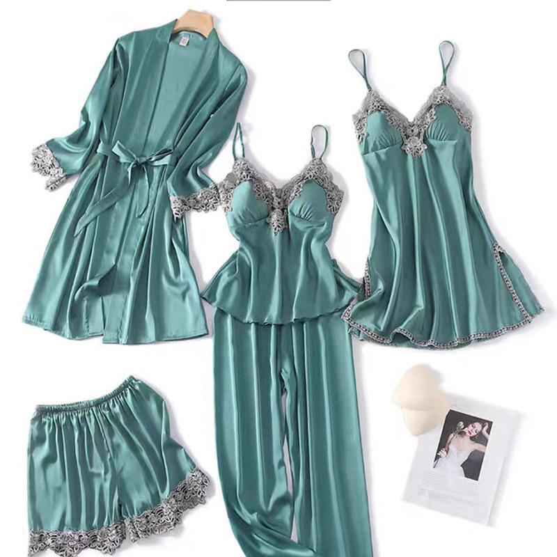 

Женская новая пижама из 5 предметов, сексуальный комплект, атласная пижама, кружевной халат на бретелях, повседневная домашняя одежда 2XL