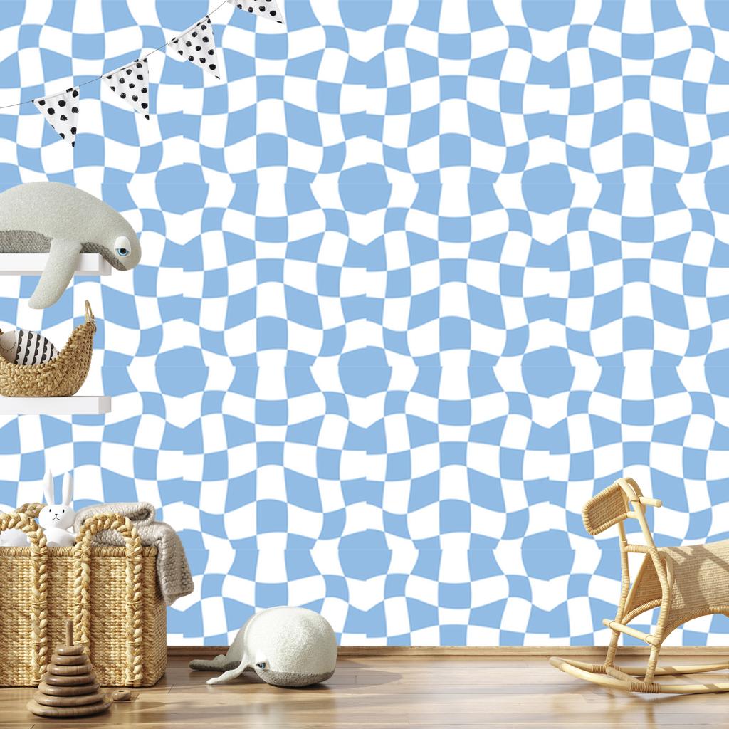Wallpaper Casual Checkerboard Azure and White for Living Room and Bedroom 50x1000